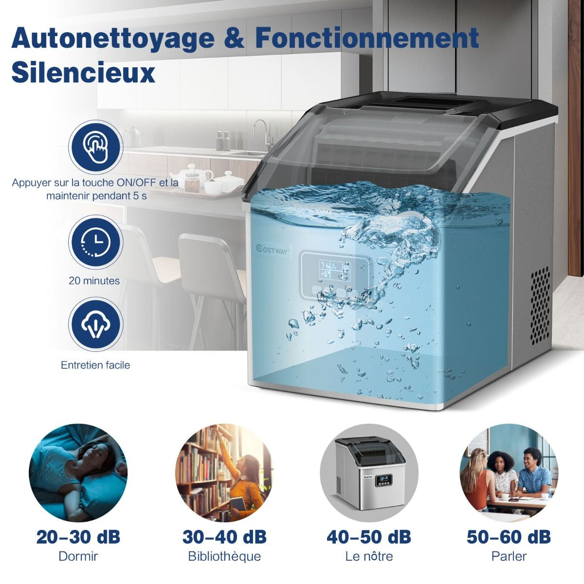 Machine À Glaçons Automatique 22Kg/24H Acier Inoxydable Cuillère À Glace Fonction D'Auto-Nettoyage Écran Lcd Fonction Minuterie Pour Cuisine Argent