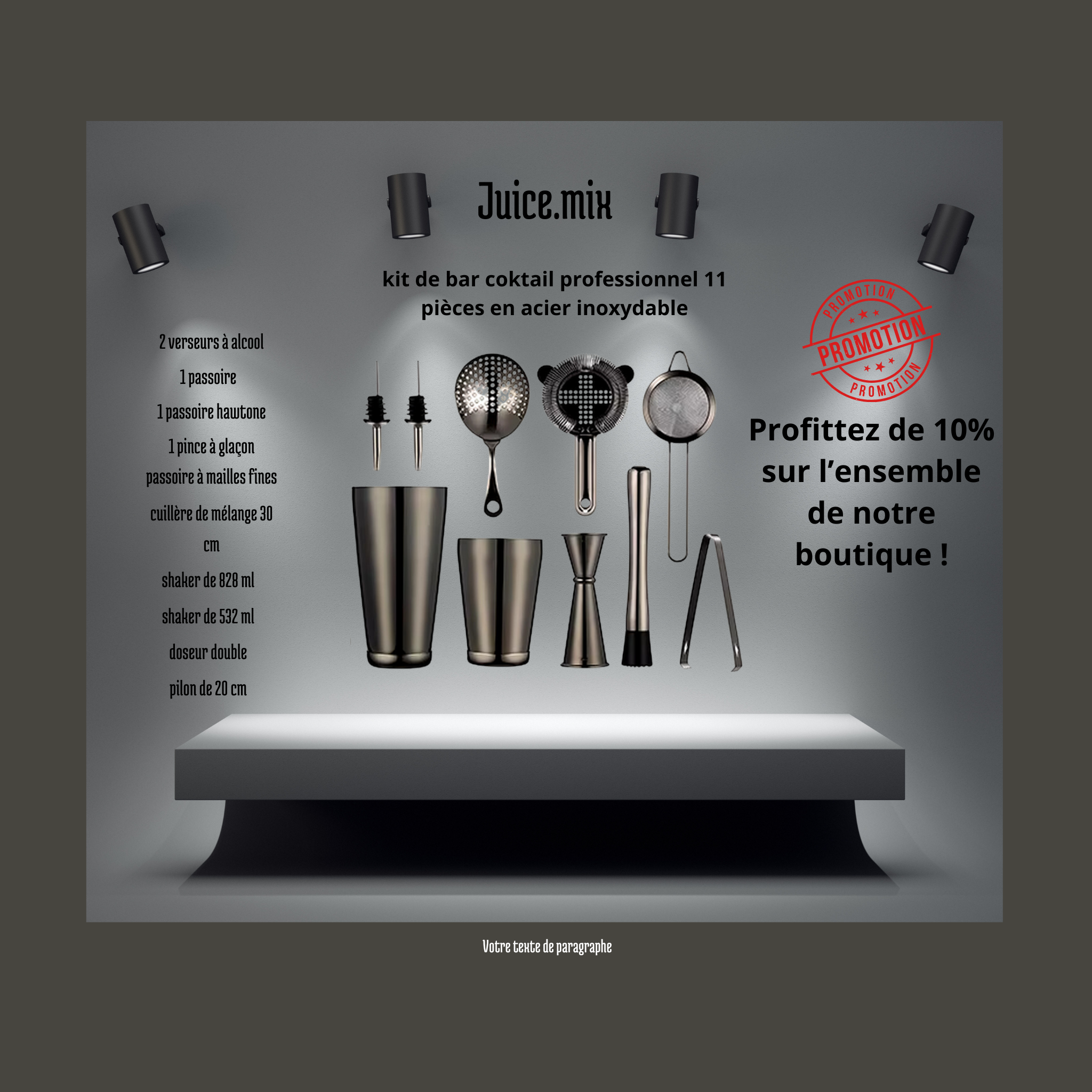 Kit de Bar Cocktail Professionnel - 11 Pièces en Acier Inoxydable