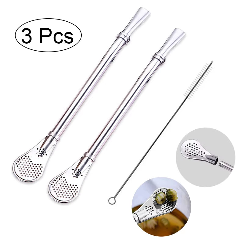 2Pcs Detachable Bombilla Filter Straw Stainless Steel Straw Spoon Tea Filter Yerba Mate Straw Reusable Drinking Tools Bar Access