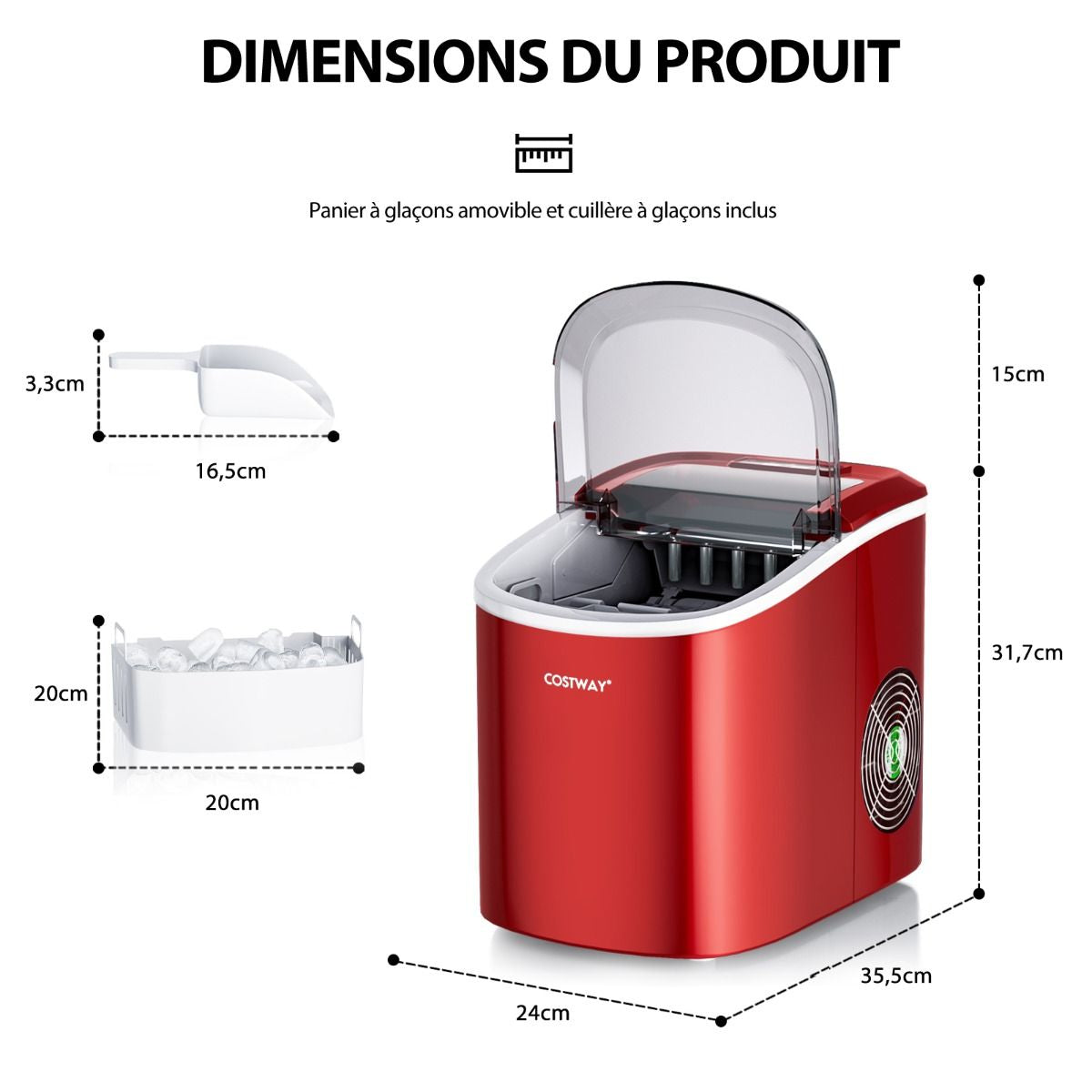 Machine À Glaçons Portable 12 Kg/24H 2 Formats De Glaçons 6-13 Minutes Réservoir D'Eau 2,2 L Avec Pelle Panier Amovible Rouge