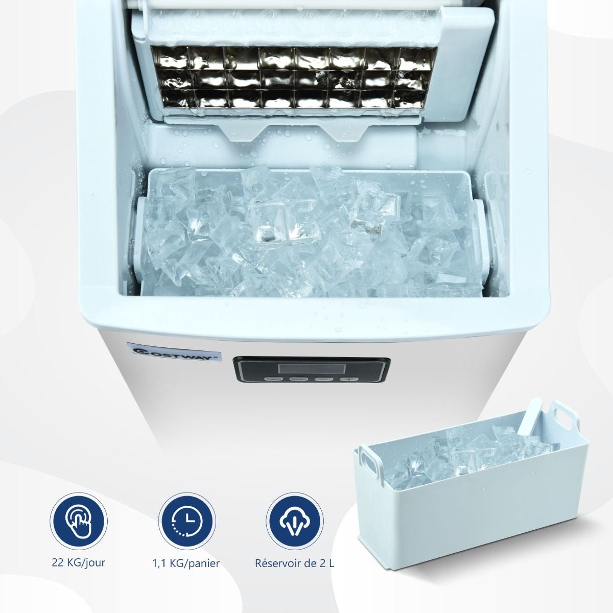 Machine À Glaçons Automatique 22Kg/24H Acier Inoxydable Cuillère À Glace Fonction D'Auto-Nettoyage Écran Lcd Fonction Minuterie Pour Cuisine Argent