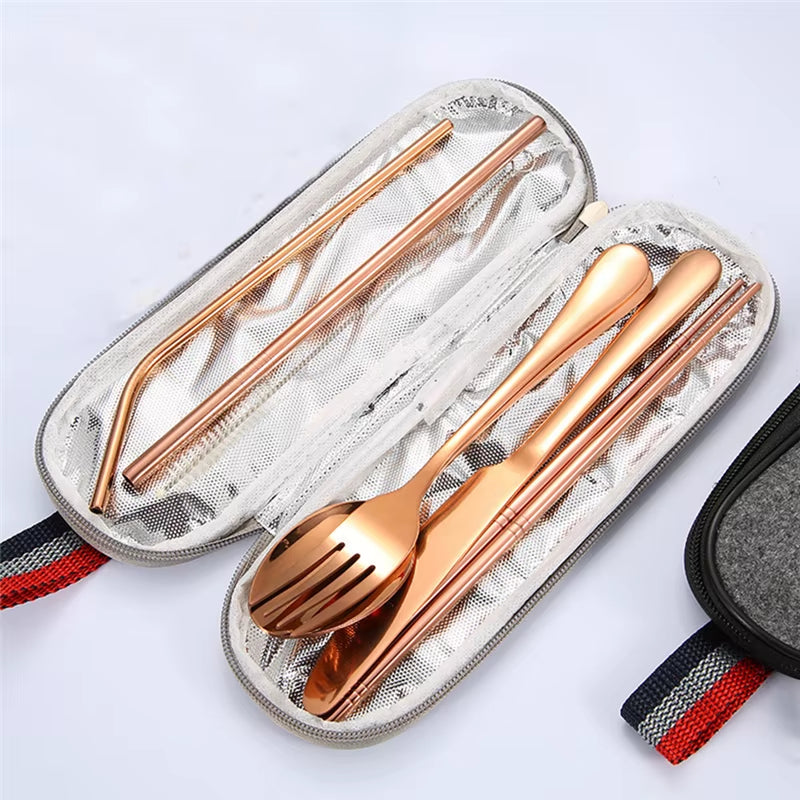 8Pcs/Set Tableware Reusable Travel Cutlery Set Camp Utensils Set with Stainless Steel Spoon Fork Chopsticks Straw Portable Case