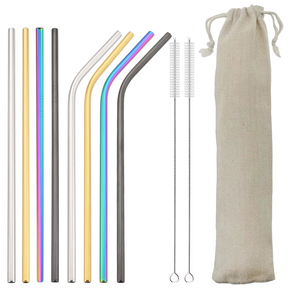 Reusable Drinking Straw 18/10 Stainless Steel Straw Set High Quality Metal Colorful Straw with Cleaner Brush Bar Party Accessory