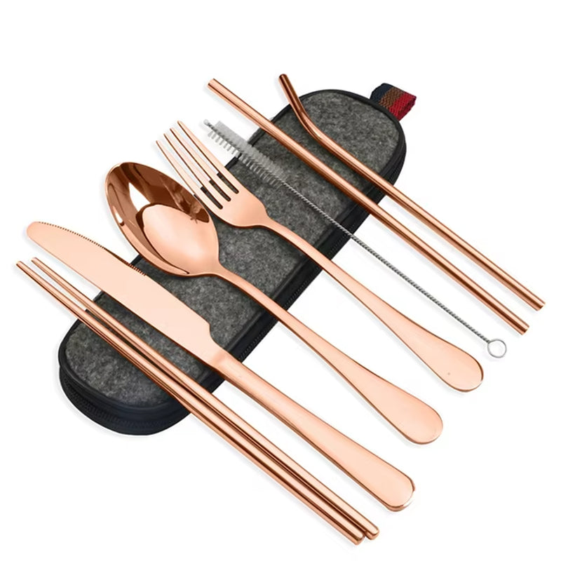 8Pcs/Set Tableware Reusable Travel Cutlery Set Camp Utensils Set with Stainless Steel Spoon Fork Chopsticks Straw Portable Case