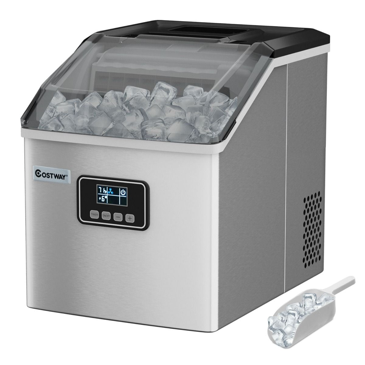 Machine À Glaçons Automatique 22Kg/24H Acier Inoxydable Cuillère À Glace Fonction D'Auto-Nettoyage Écran Lcd Fonction Minuterie Pour Cuisine Argent