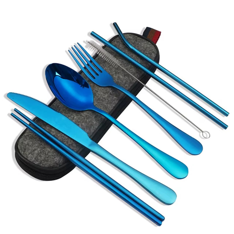 8Pcs/Set Tableware Reusable Travel Cutlery Set Camp Utensils Set with Stainless Steel Spoon Fork Chopsticks Straw Portable Case