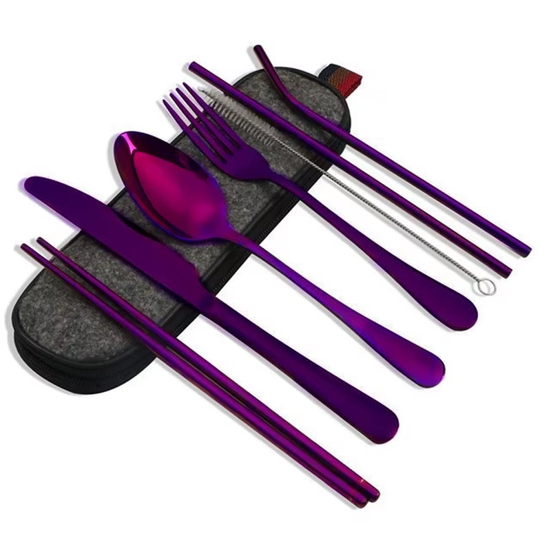 8Pcs/Set Tableware Reusable Travel Cutlery Set Camp Utensils Set with Stainless Steel Spoon Fork Chopsticks Straw Portable Case