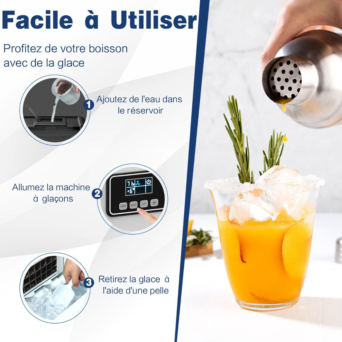 Machine À Glaçons Automatique 22Kg/24H Acier Inoxydable Cuillère À Glace Fonction D'Auto-Nettoyage Écran Lcd Fonction Minuterie Pour Cuisine Argent