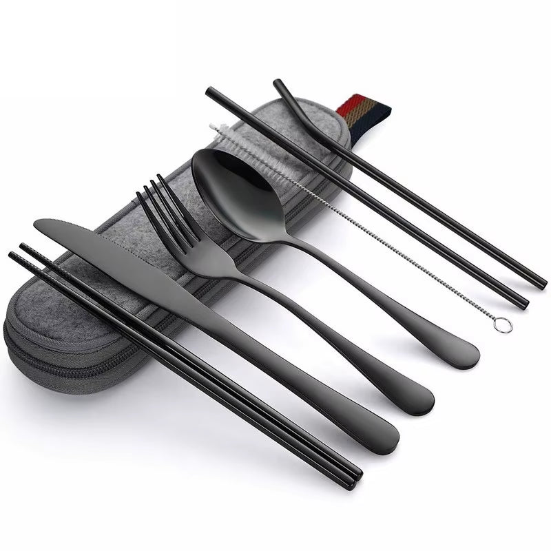 8Pcs/Set Tableware Reusable Travel Cutlery Set Camp Utensils Set with Stainless Steel Spoon Fork Chopsticks Straw Portable Case