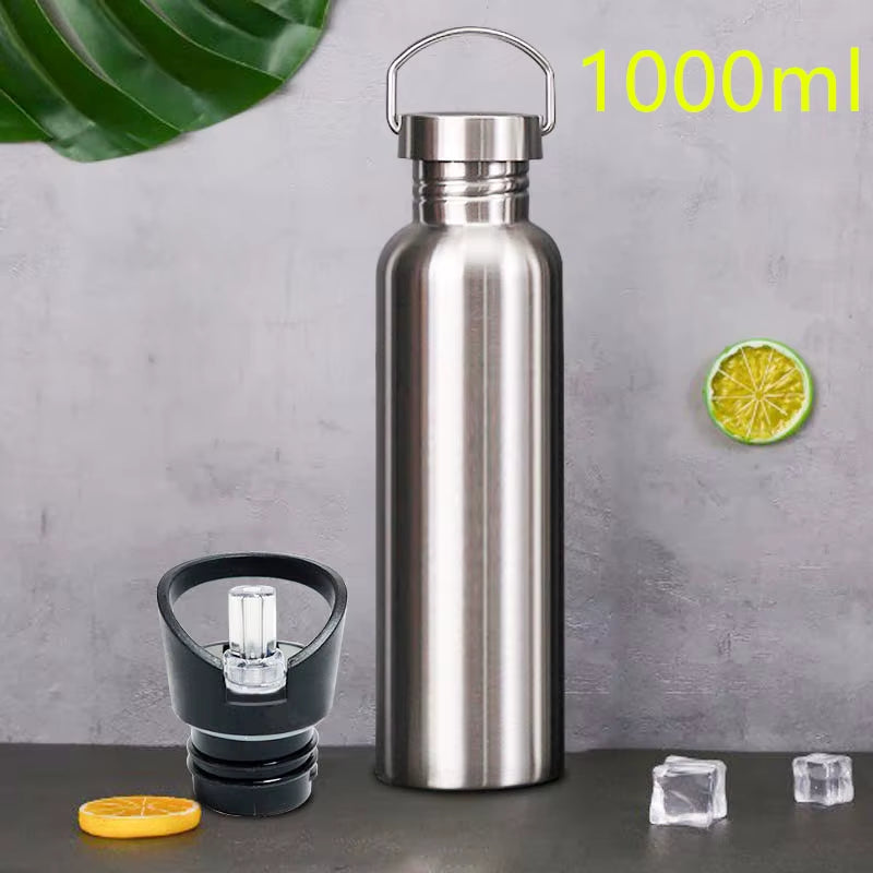 Stainless Steel Sports Water Bottle with Drinking Straw Lids Cap Vacuum Flask Single Wall Hot Cold Water Bottle 500/750/1000Ml