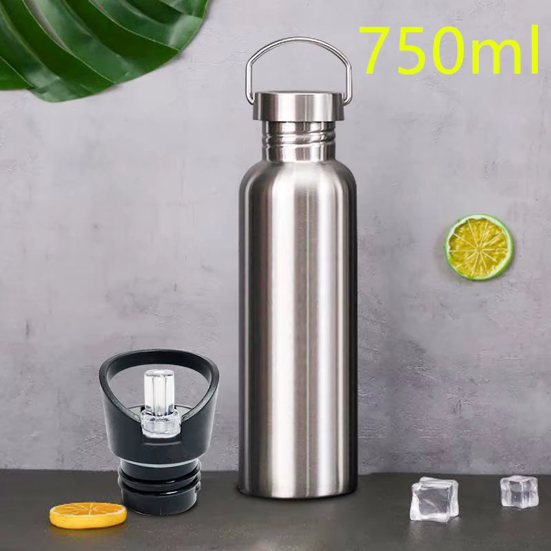 Stainless Steel Sports Water Bottle with Drinking Straw Lids Cap Vacuum Flask Single Wall Hot Cold Water Bottle 500/750/1000Ml