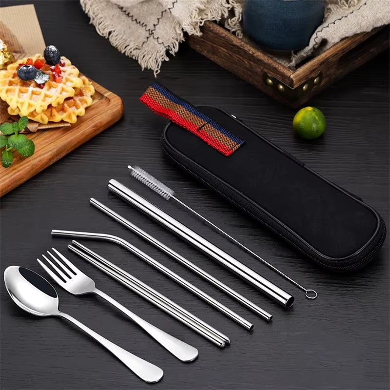 8Pcs/Set Tableware Reusable Travel Cutlery Set Camp Utensils Set with Stainless Steel Spoon Fork Chopsticks Straw Portable Case