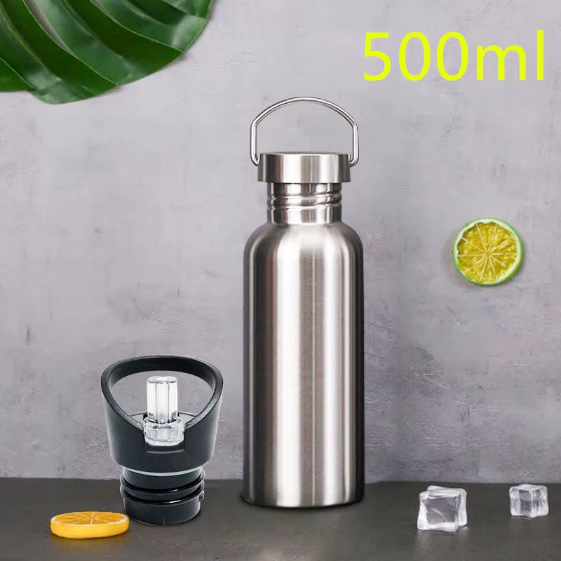 Stainless Steel Sports Water Bottle with Drinking Straw Lids Cap Vacuum Flask Single Wall Hot Cold Water Bottle 500/750/1000Ml