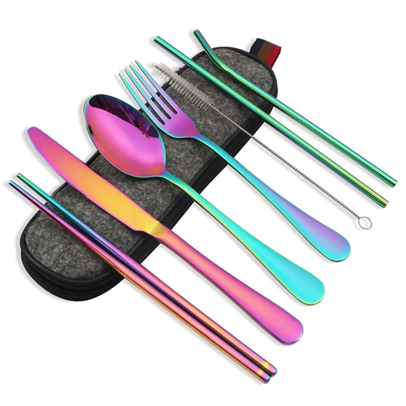 8Pcs/Set Tableware Reusable Travel Cutlery Set Camp Utensils Set with Stainless Steel Spoon Fork Chopsticks Straw Portable Case