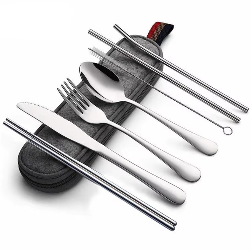 8Pcs/Set Tableware Reusable Travel Cutlery Set Camp Utensils Set with Stainless Steel Spoon Fork Chopsticks Straw Portable Case