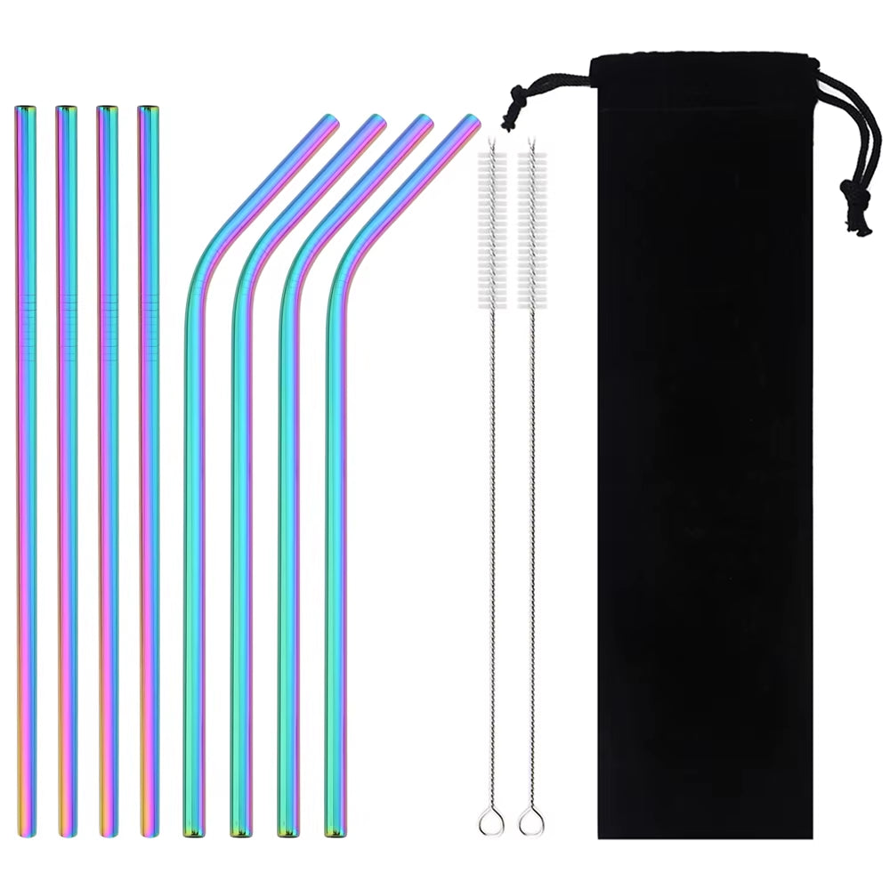 Reusable Drinking Straw 18/10 Stainless Steel Straw Set High Quality Metal Colorful Straw with Cleaner Brush Bar Party Accessory