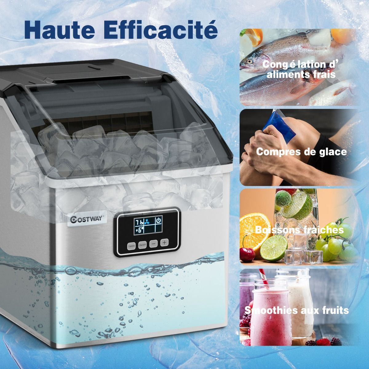 Machine À Glaçons Automatique 22Kg/24H Acier Inoxydable Cuillère À Glace Fonction D'Auto-Nettoyage Écran Lcd Fonction Minuterie Pour Cuisine Argent