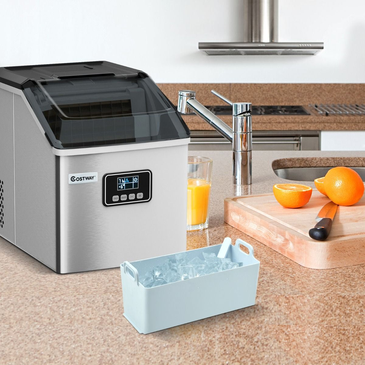 Machine À Glaçons Automatique 22Kg/24H Acier Inoxydable Cuillère À Glace Fonction D'Auto-Nettoyage Écran Lcd Fonction Minuterie Pour Cuisine Argent