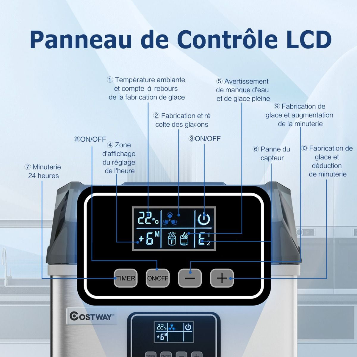 Machine À Glaçons Automatique 22Kg/24H Acier Inoxydable Cuillère À Glace Fonction D'Auto-Nettoyage Écran Lcd Fonction Minuterie Pour Cuisine Argent