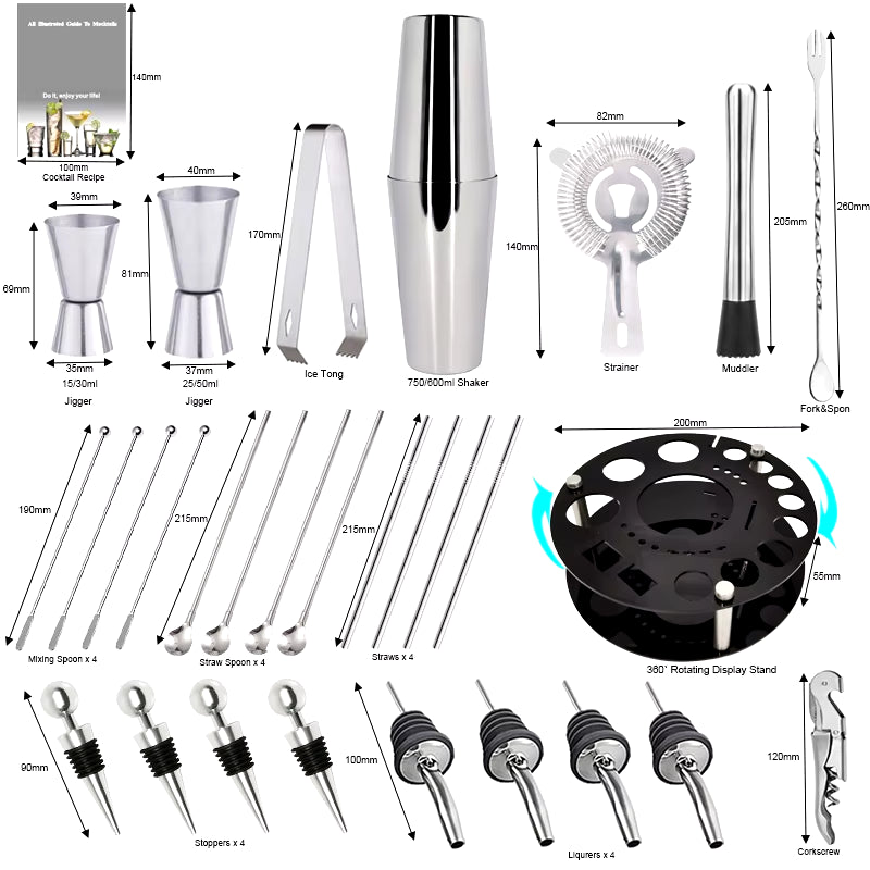 Bartender Kit:1-30-Piece Cocktail Shaker Set with Stainless Steel Rotating Stand, Bar Tool for Gift, Experience for Drink Mixing