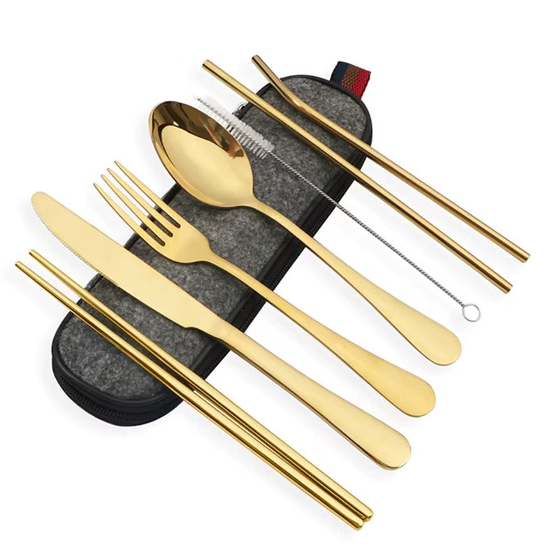 8Pcs/Set Tableware Reusable Travel Cutlery Set Camp Utensils Set with Stainless Steel Spoon Fork Chopsticks Straw Portable Case