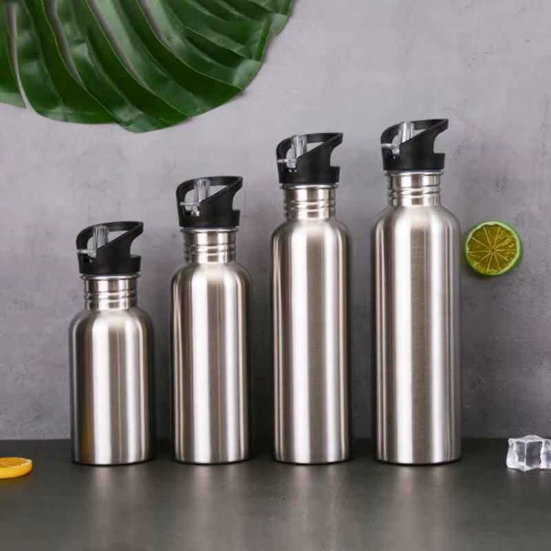 Stainless Steel Sports Water Bottle with Drinking Straw Lids Cap Vacuum Flask Single Wall Hot Cold Water Bottle 500/750/1000Ml