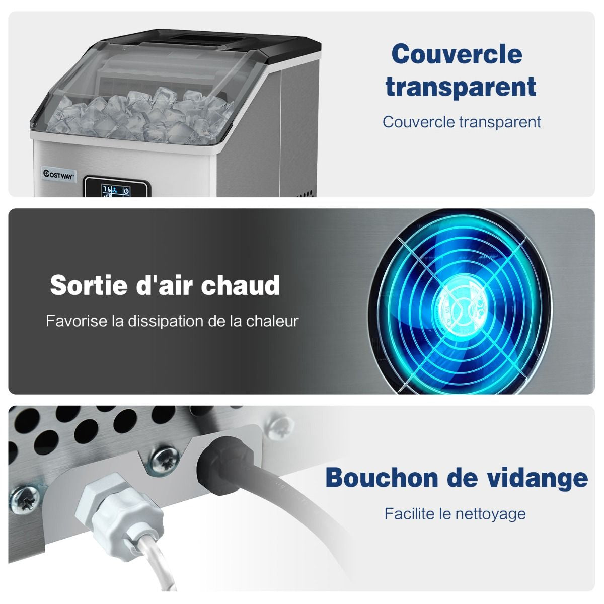 Machine À Glaçons Automatique 22Kg/24H Acier Inoxydable Cuillère À Glace Fonction D'Auto-Nettoyage Écran Lcd Fonction Minuterie Pour Cuisine Argent